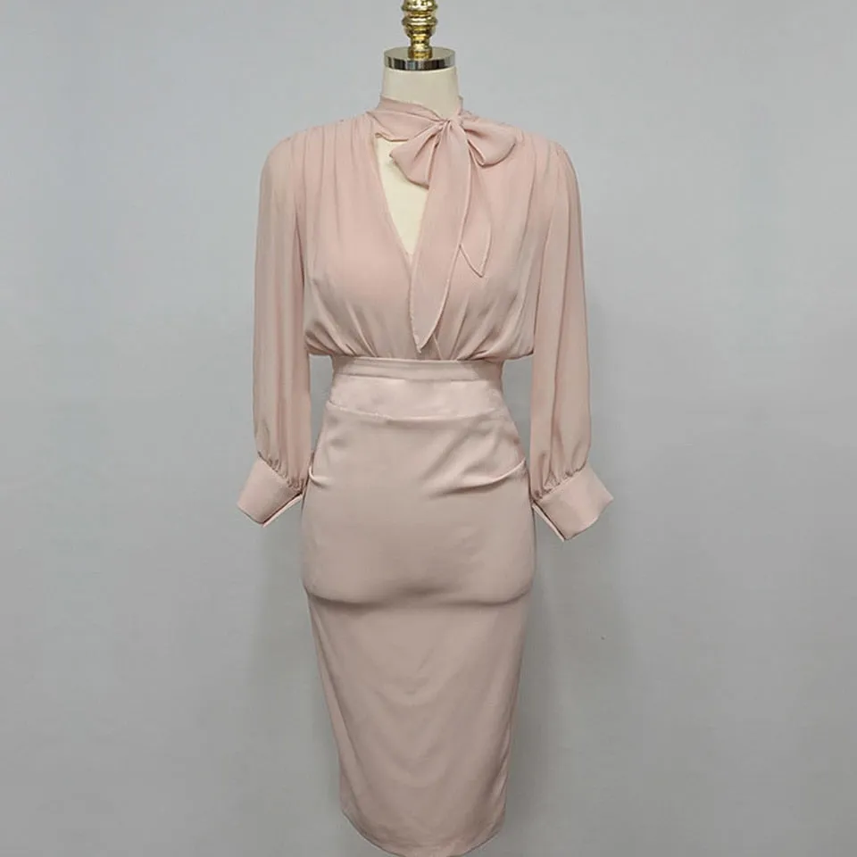 Pinkish Lady Office Style Midi Dress