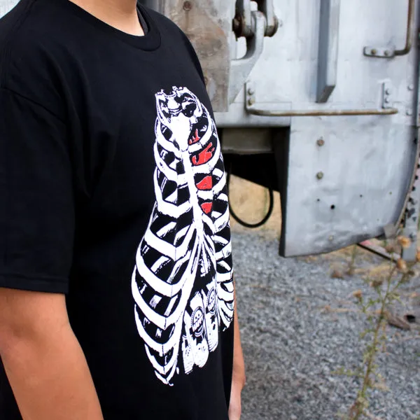 Pins & Bones Skeleton Shirt, Skeleton Bones, Skeleton Ribs, Cool T-Shirt with a Beer 6-Pack, Black Graphic Tee