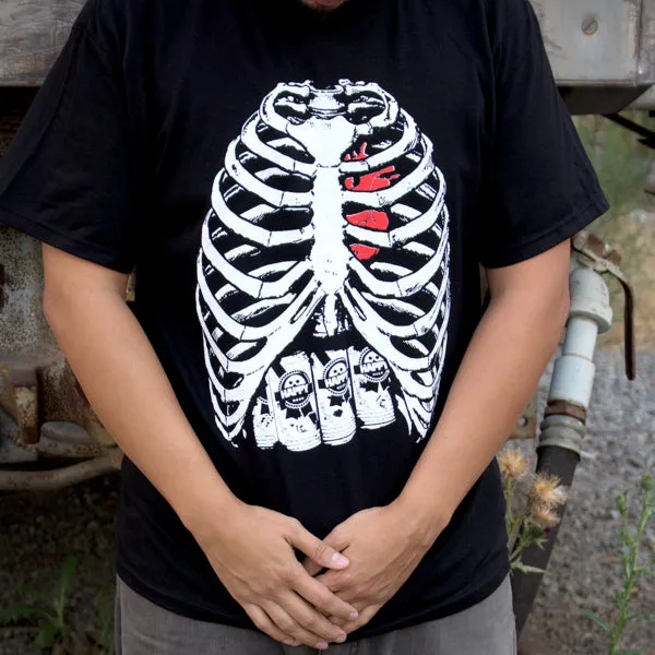 Pins & Bones Skeleton Shirt, Skeleton Bones, Skeleton Ribs, Cool T-Shirt with a Beer 6-Pack, Black Graphic Tee