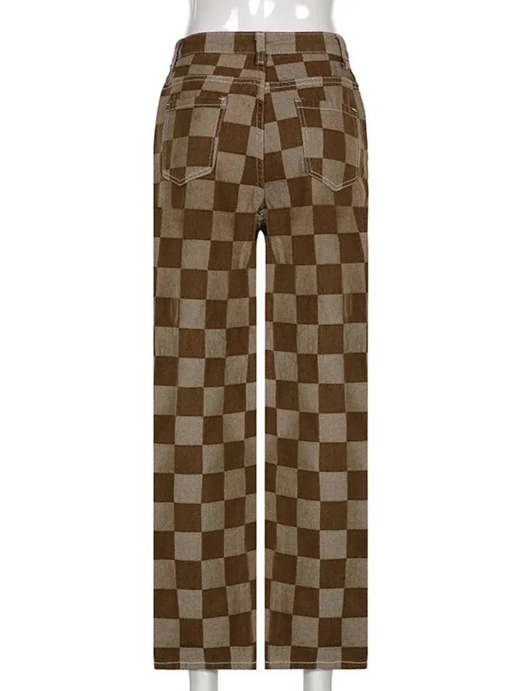 Plaid Print Retro Casual Y2K Streetwear Harajuku Brown Jean