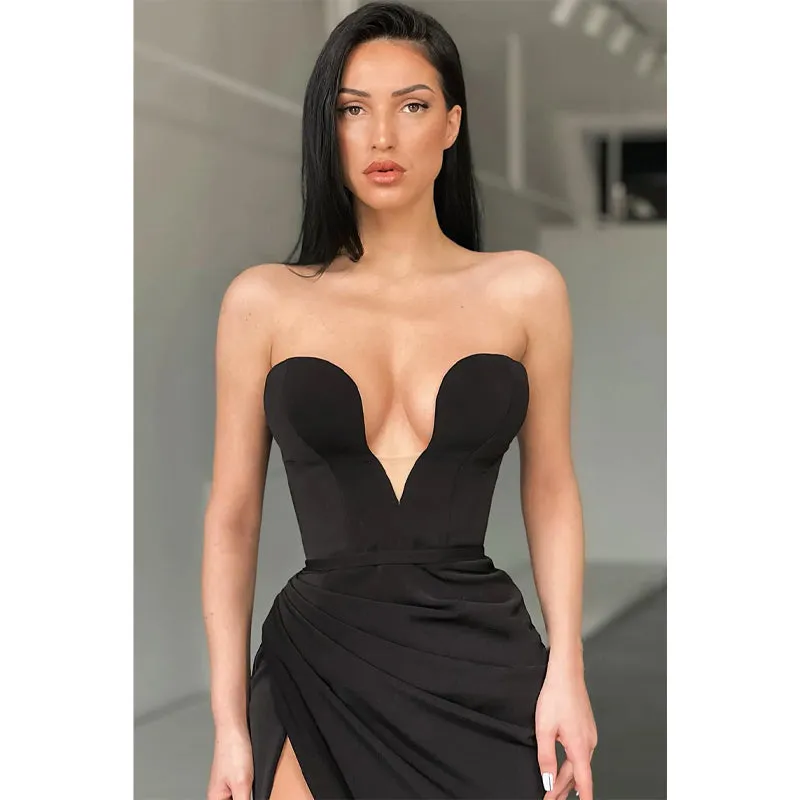 Plunging V-neck High Split Black Long Prom Formal Dress