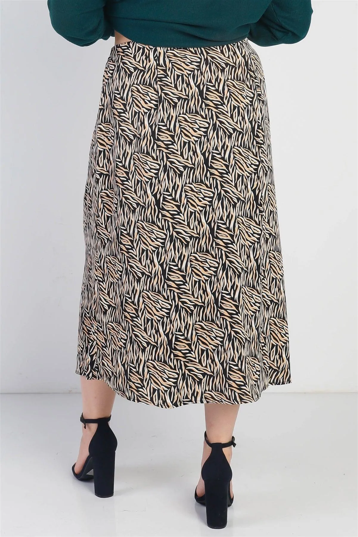 Plus Size Black Printed High Waist Midi Skirt