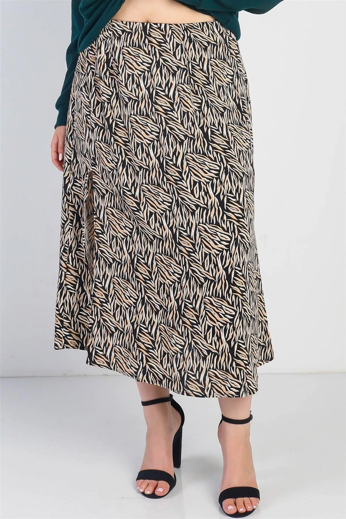 Plus Size Black Printed High Waist Midi Skirt