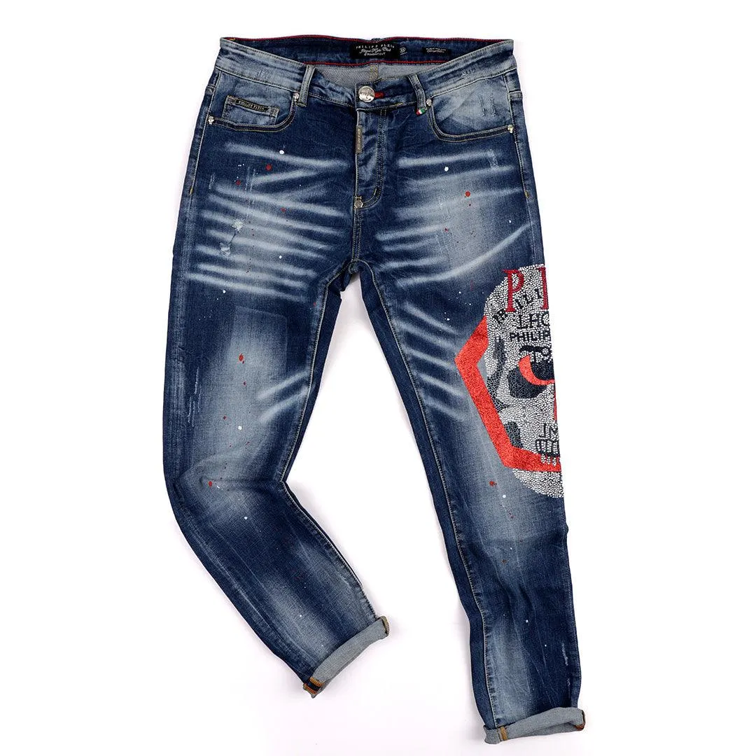 PP Men's Straight Cut Rhinestone Red Glittered Skull Jeans- Blue