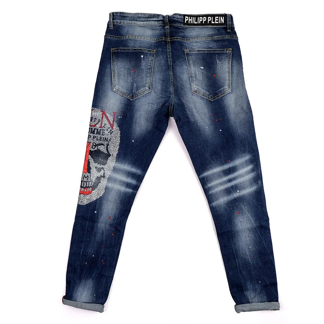 PP Men's Straight Cut Rhinestone Red Glittered Skull Jeans- Blue