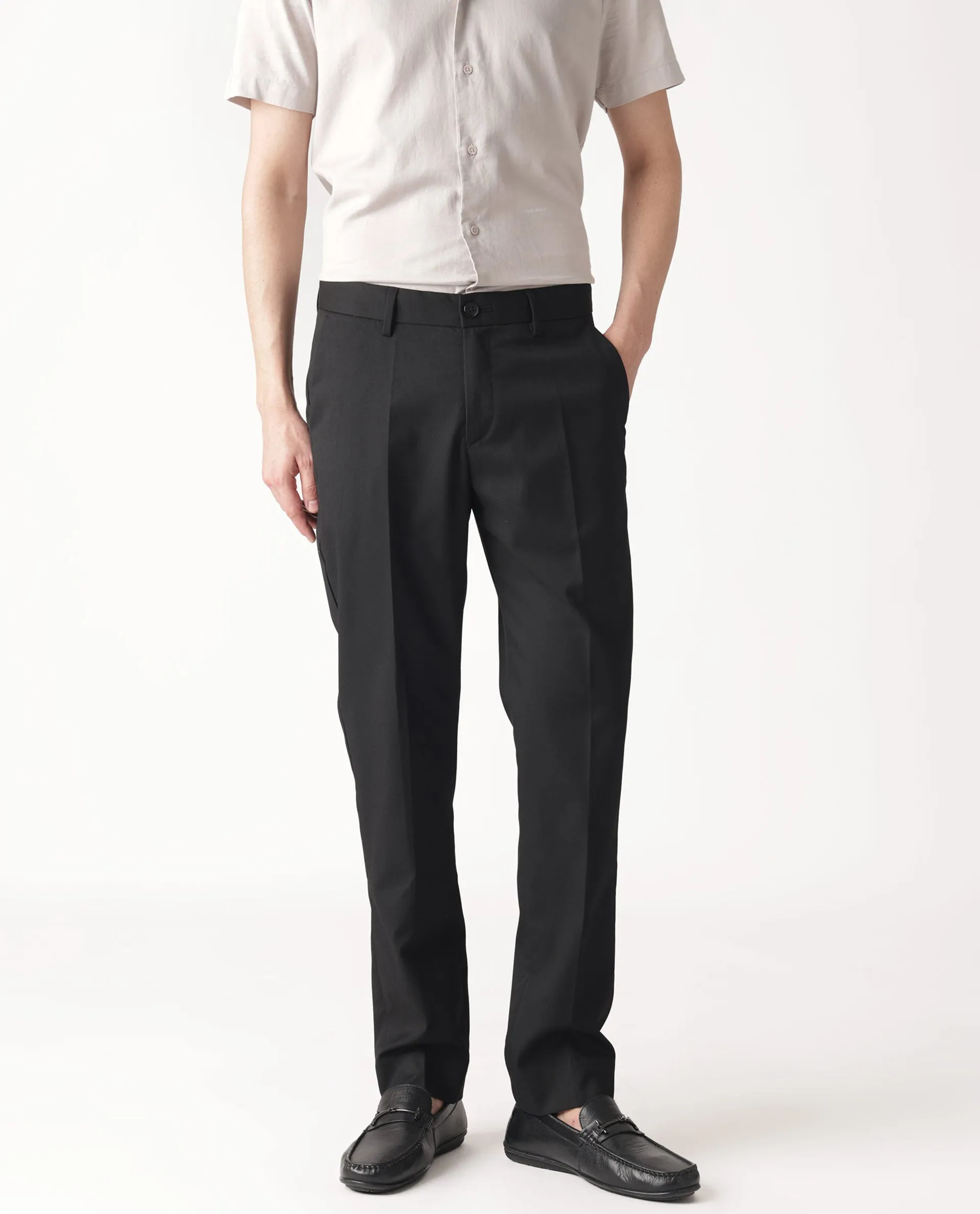 Rare Rabbit Men's Chamer Black Solid Mid-Rise Regular Fit Cavalry Style Trouser