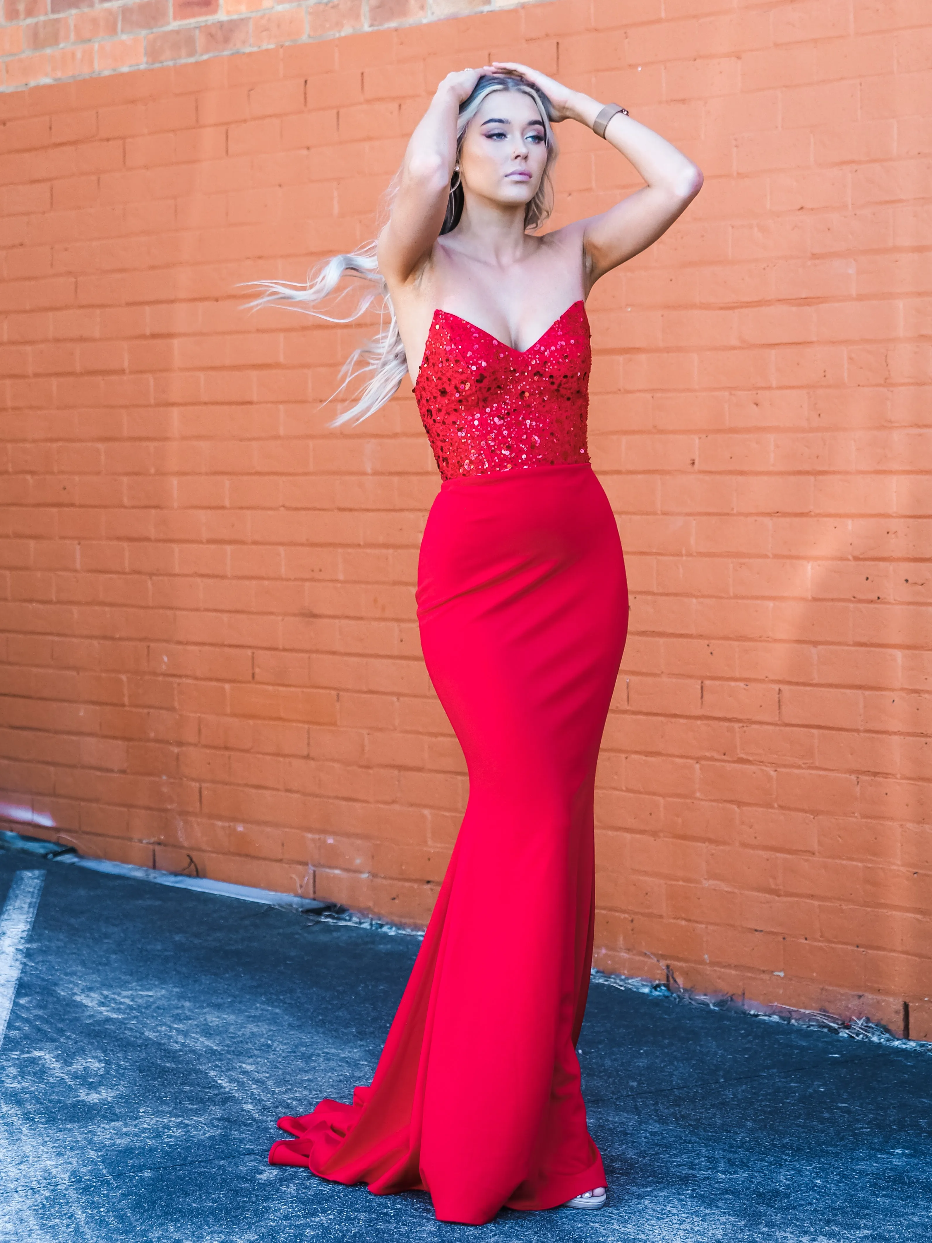 Red beaded lace V neck mermaid dress