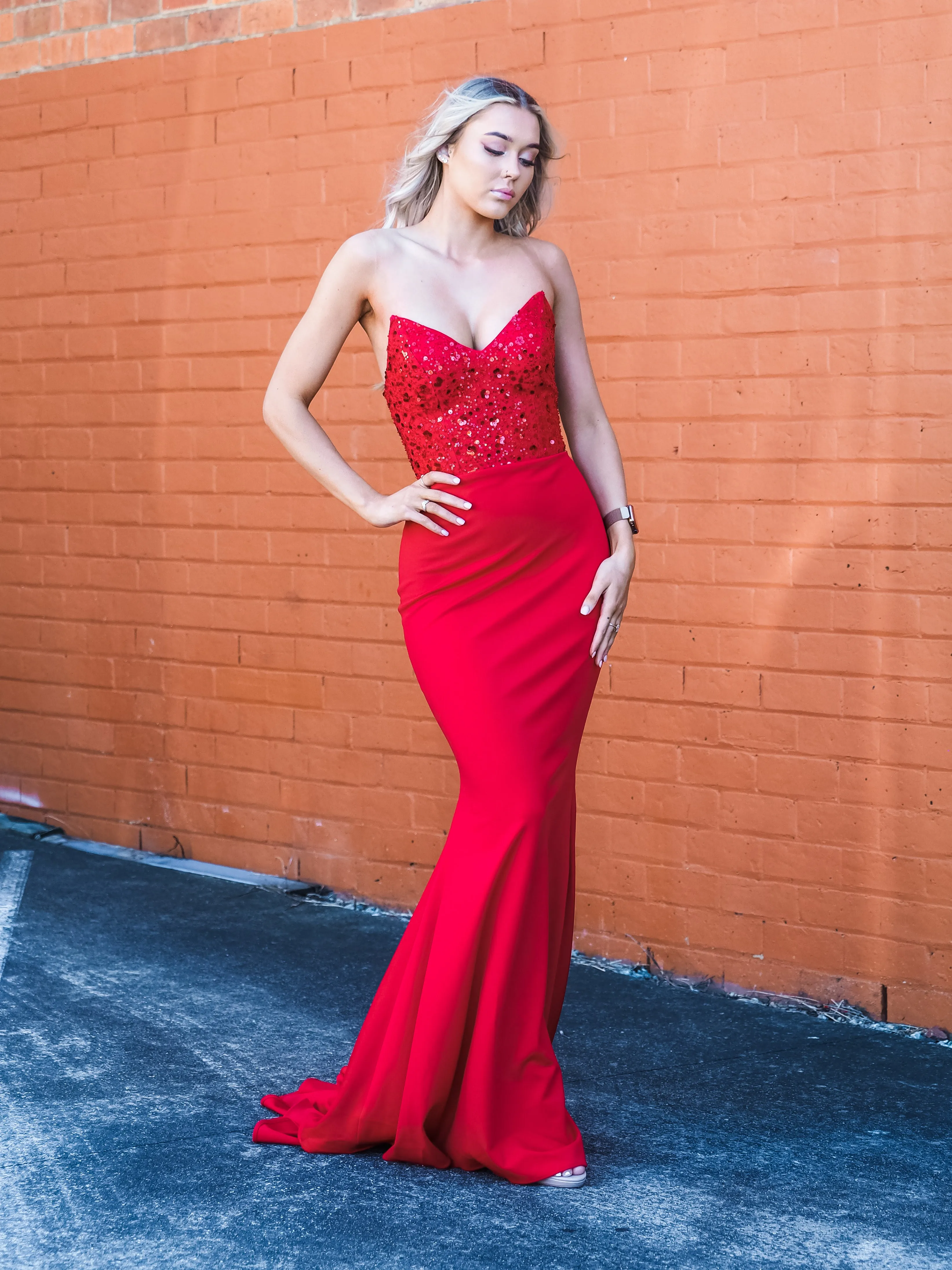 Red beaded lace V neck mermaid dress