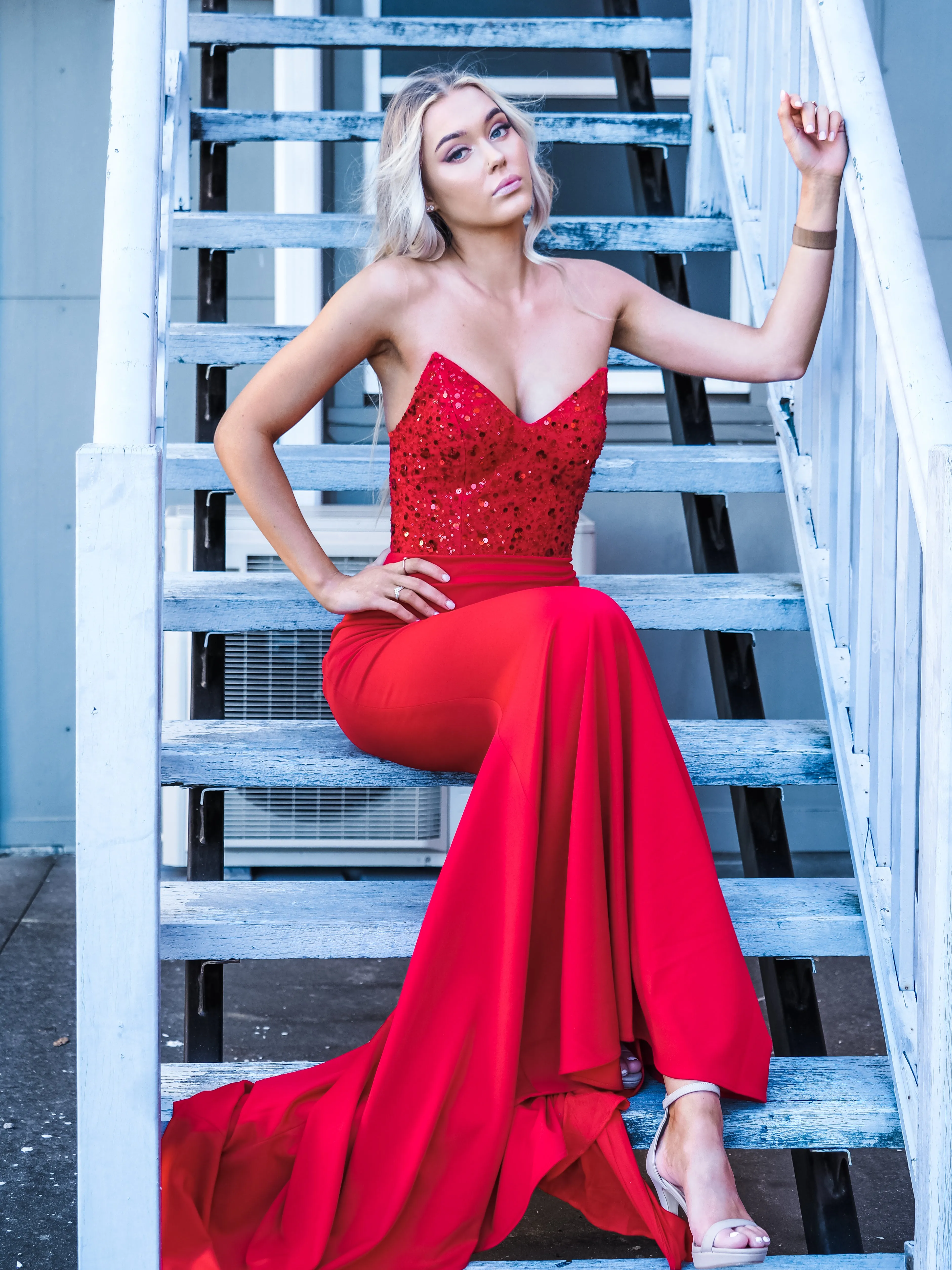 Red beaded lace V neck mermaid dress