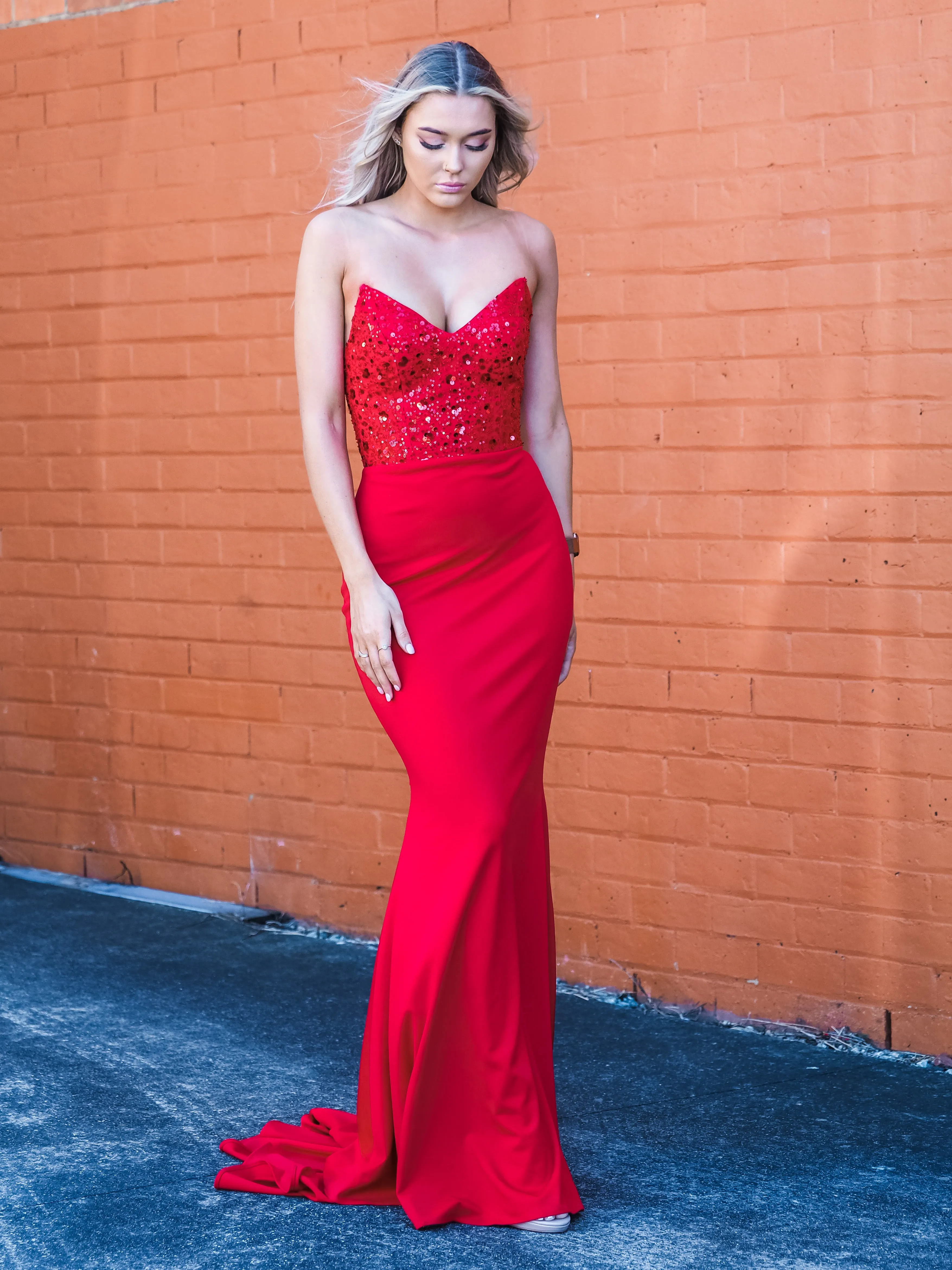 Red beaded lace V neck mermaid dress