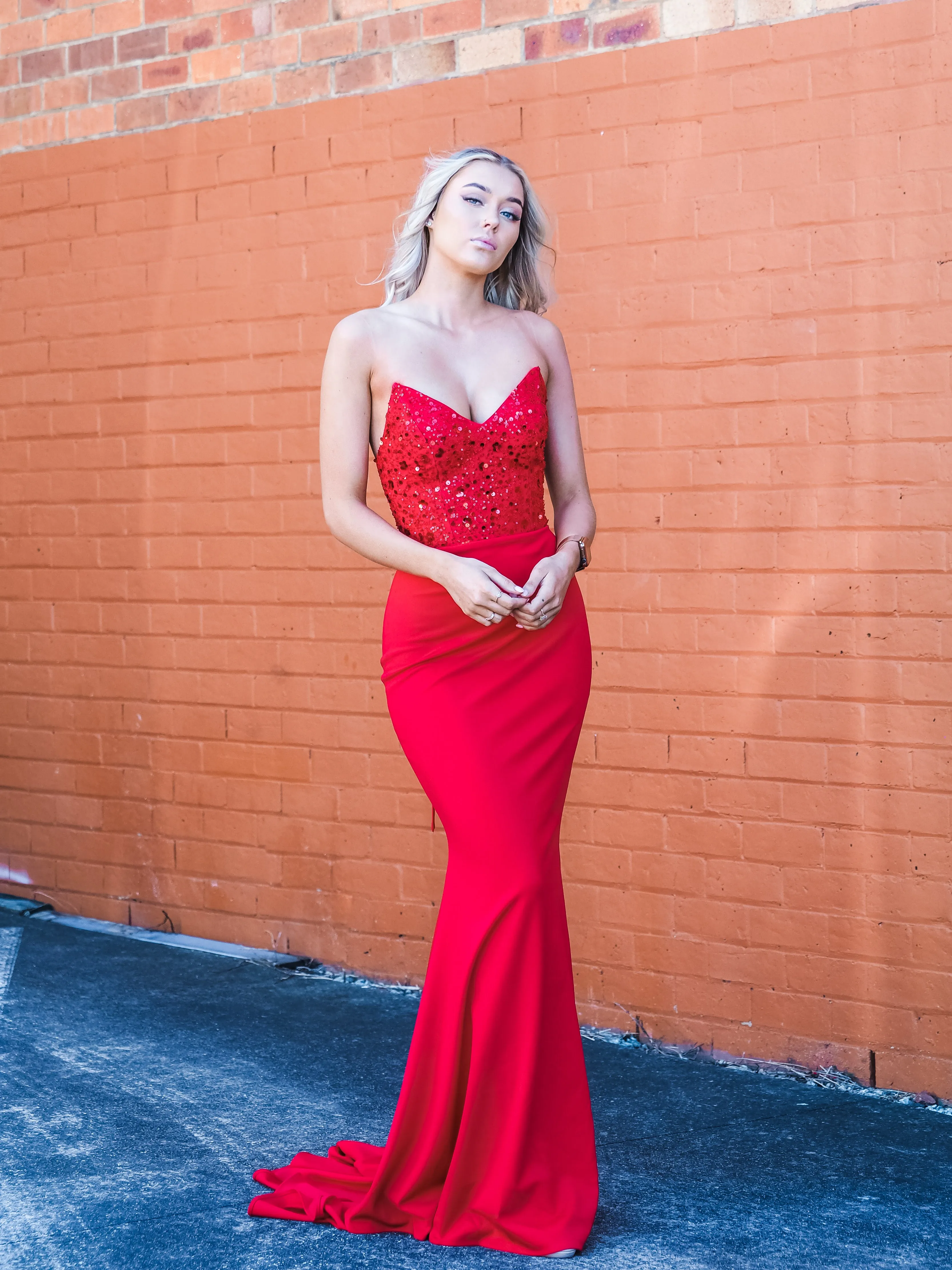 Red beaded lace V neck mermaid dress