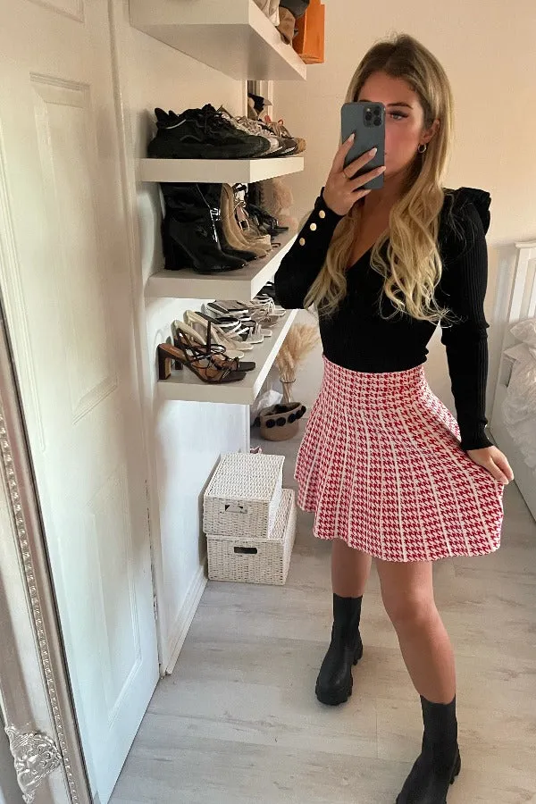 RED DOGTOOTH SKATER SHORT KNITTED SKIRT