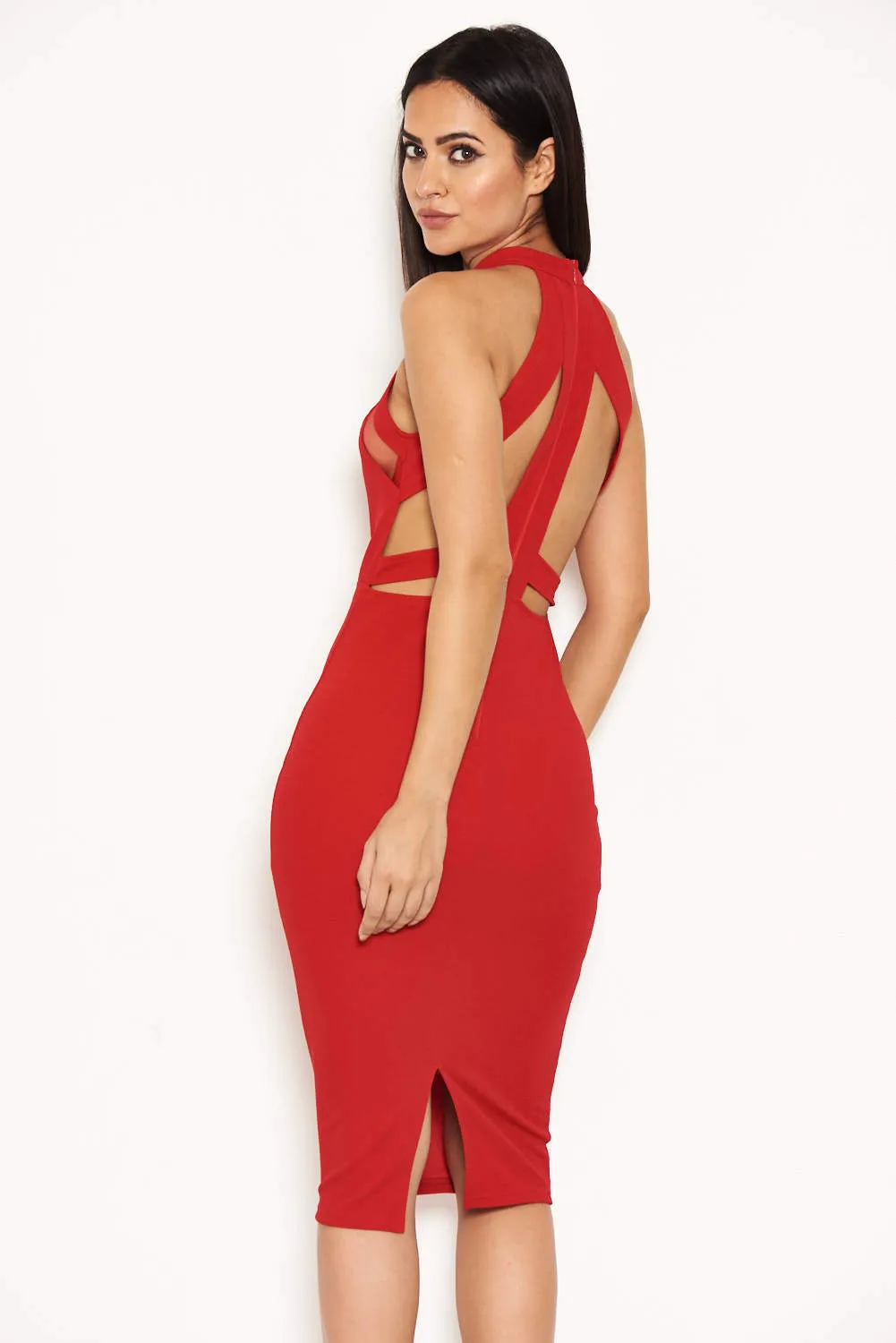 Red Mesh Detail Bodycon Dress