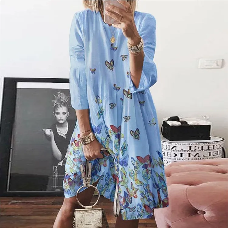 Retro Printed Round Neck Dress