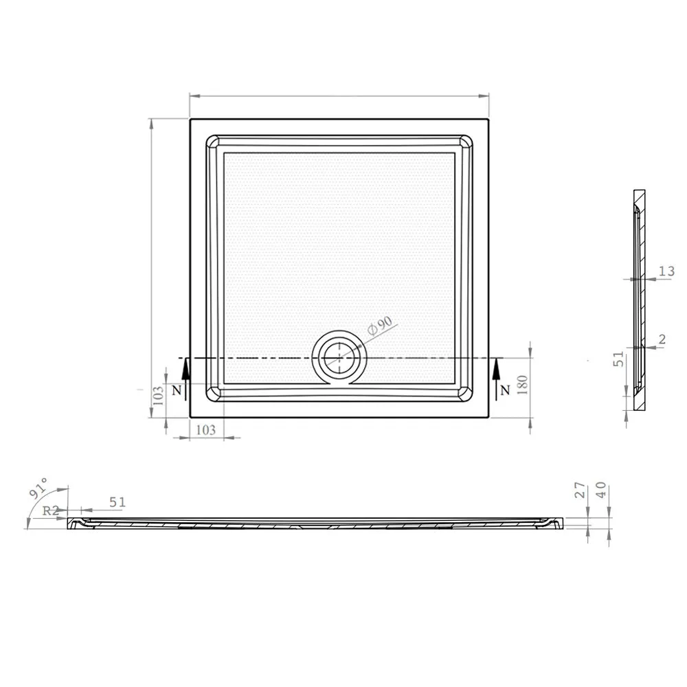 Roman Stone Solid Surface Anti Slip Shower Tray - 760 x 760 x 40mm