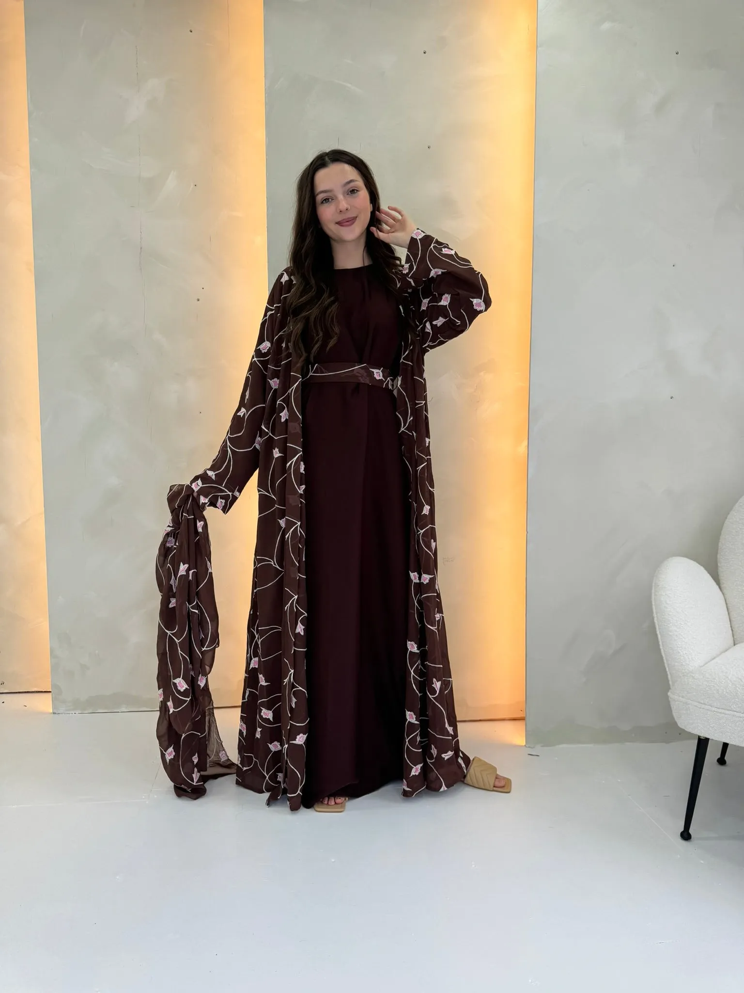 Rosa Chiffon Abaya - Choc Brown