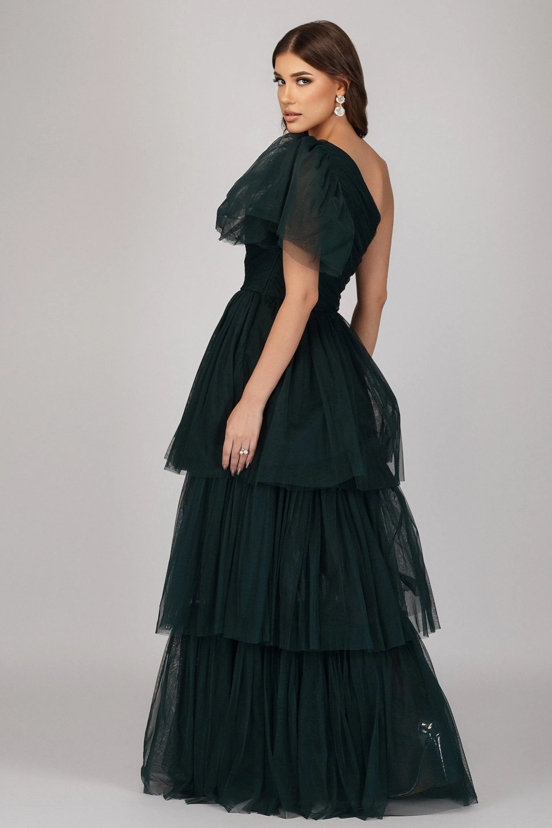 Rowena Emerald Green One Shoulder Tulle Gown