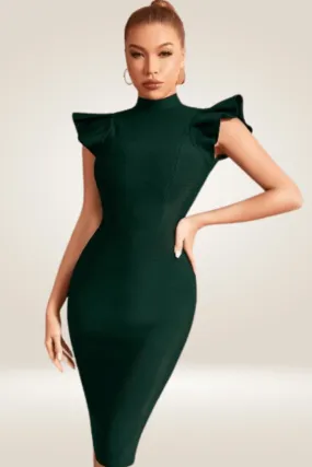 Ruffle Shoulders Turtleneck Green Bodycon Dress