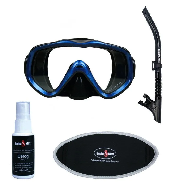 Scuba Max Encore Scuba Dive Mask Reflect-Dry Pro Snorkel Neoprene Mask Strap Cover Defog Sprey Snorkel Package