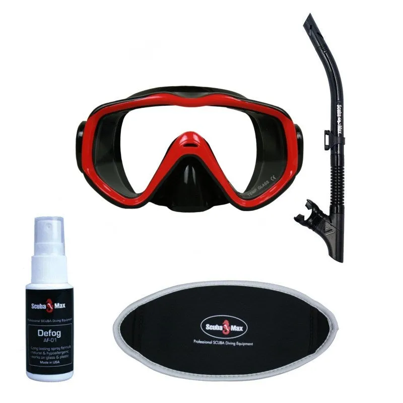 Scuba Max Encore Scuba Dive Mask Reflect-Dry Pro Snorkel Neoprene Mask Strap Cover Defog Sprey Snorkel Package