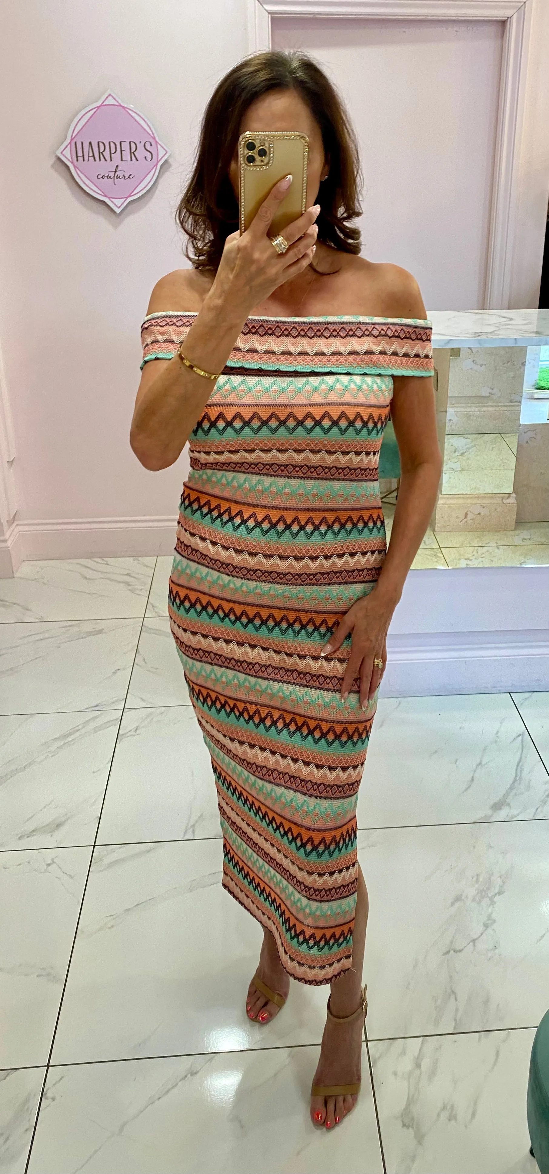 Selina Coral Aztec Bardot Midi Dress