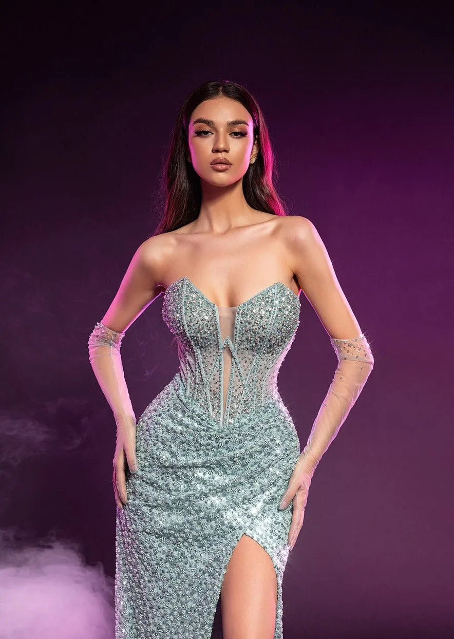 Sequin and beaded mesh corset top sage green dress for hire