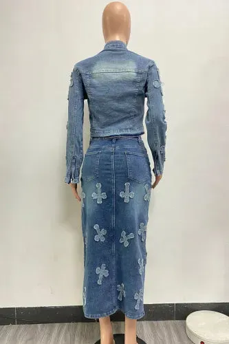 Sexy Denim Cross 2pc Jacket & Maxi Skirt Set