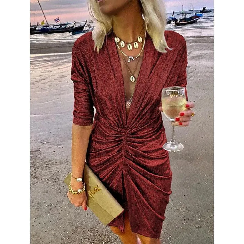 Sexy V-Neck Pleated Long Sleeve Dress