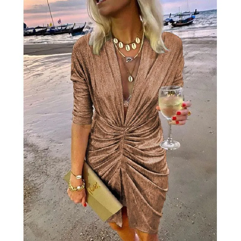 Sexy V-Neck Pleated Long Sleeve Dress