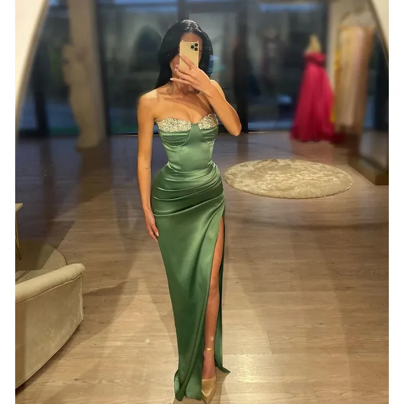 Sheath/column Strapless Beaded Green Long Sleeves Prom Dress with Slit