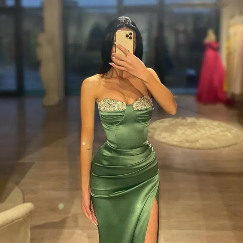 Sheath/column Strapless Beaded Green Long Sleeves Prom Dress with Slit