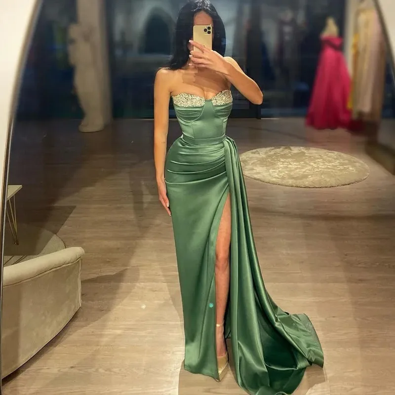 Sheath/column Strapless Beaded Green Long Sleeves Prom Dress with Slit