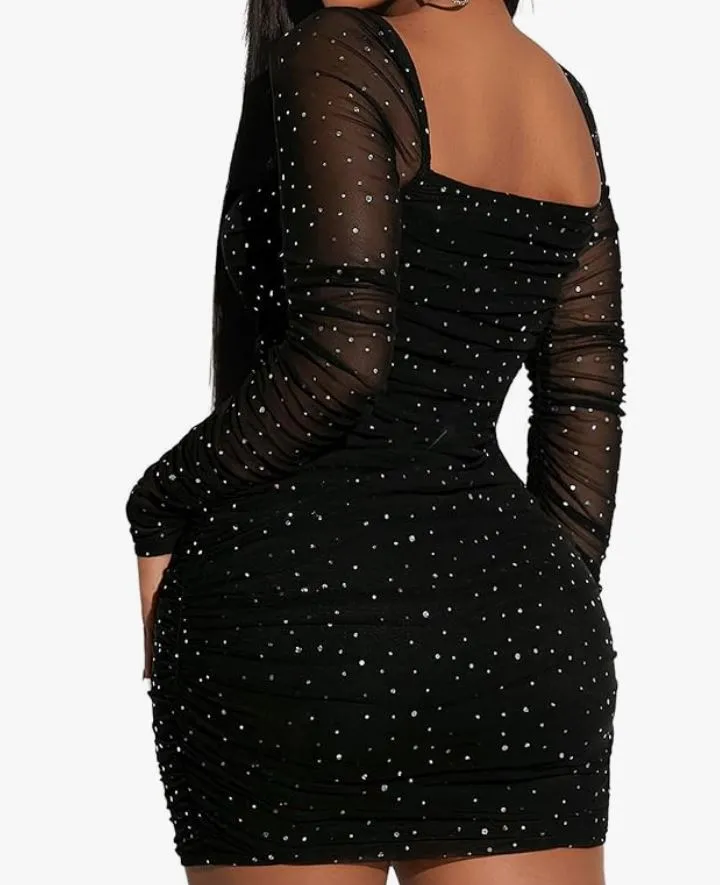 Sheer Sleeved Sparkle Bodycon Mini Dress in Black