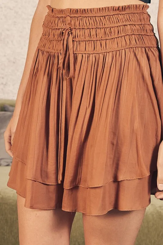 Shirred Layered Mini Skirt - Caramel