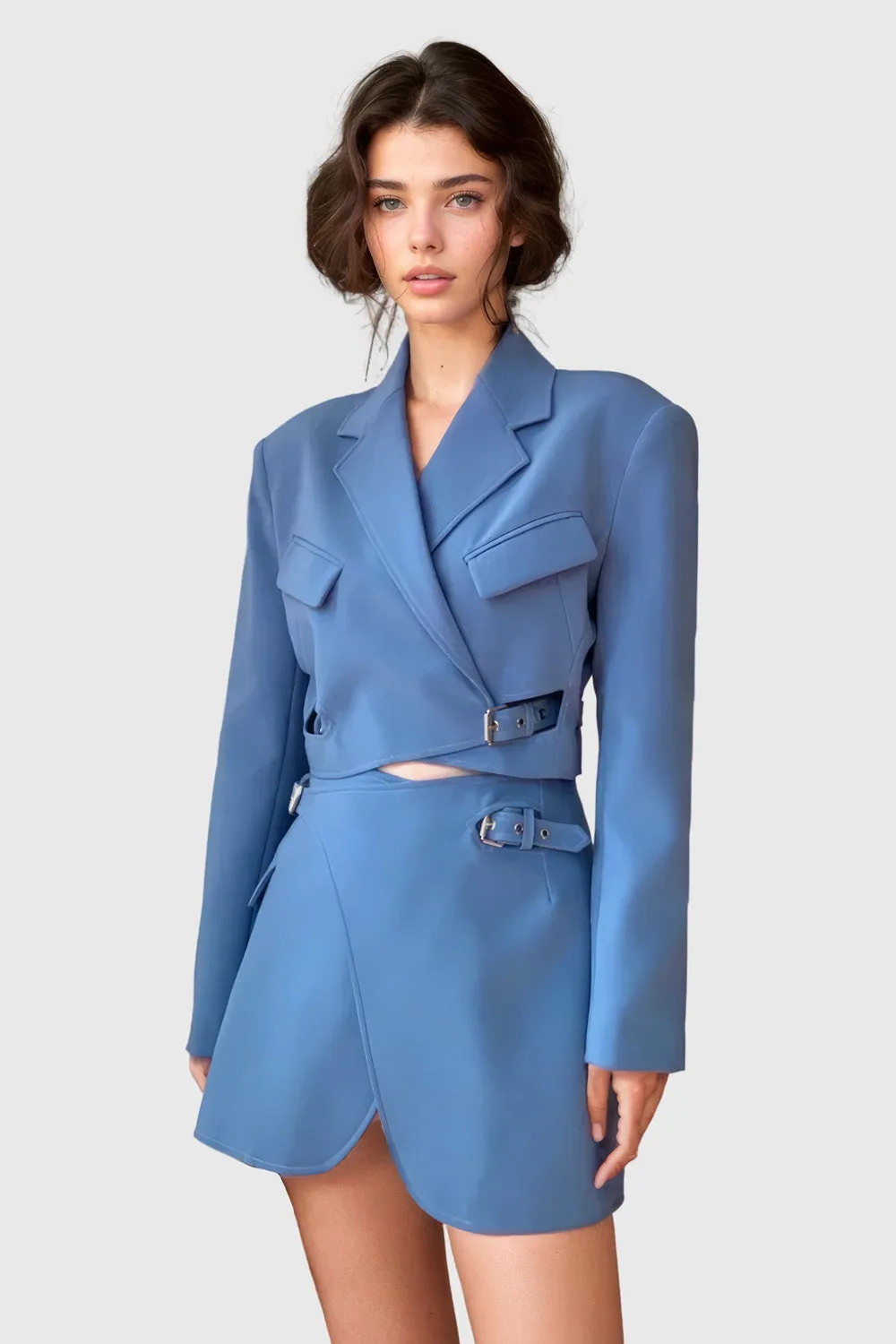 Short Blazer Dress with Belts - Blue