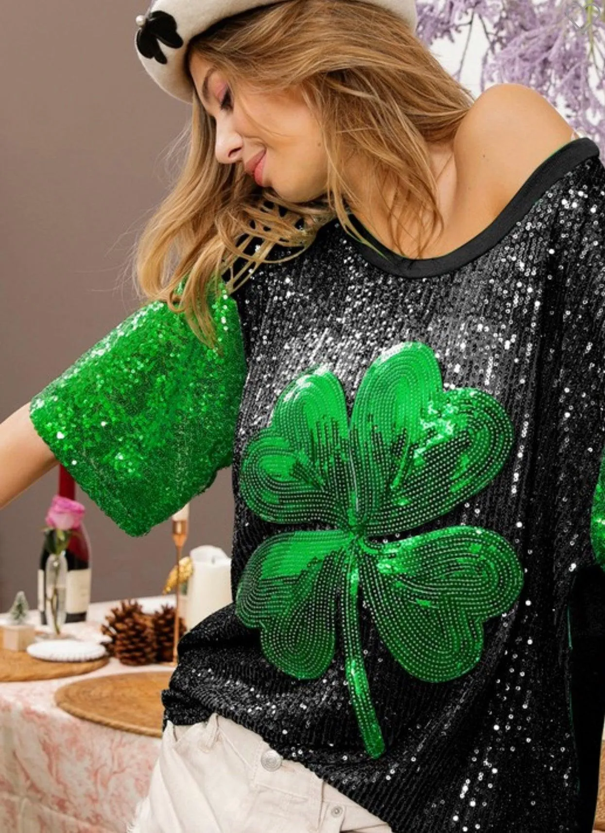 Short Sleeve Sequins Shamrock Shirt