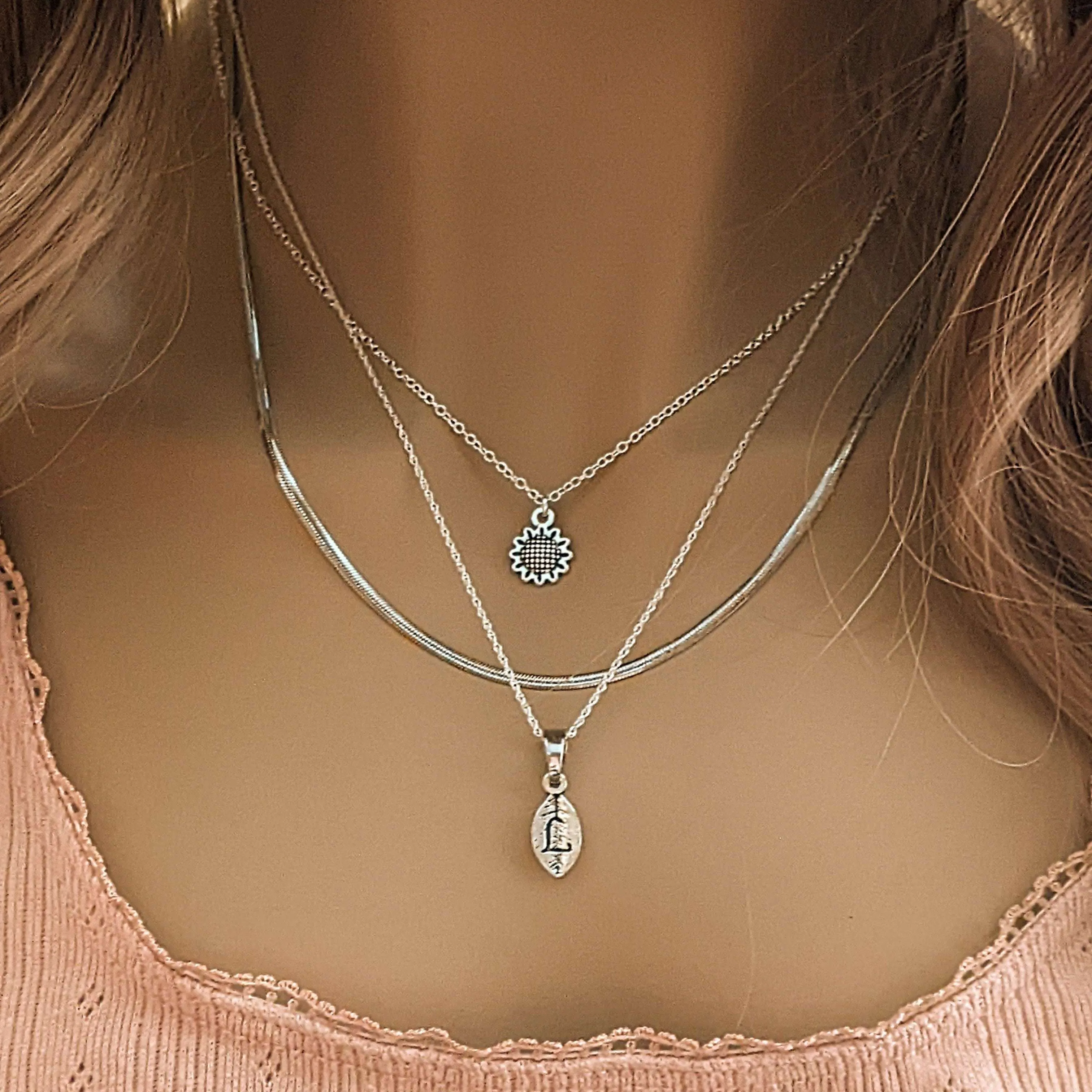 Silver Sunflower Initial Leaf Layered Necklace Set