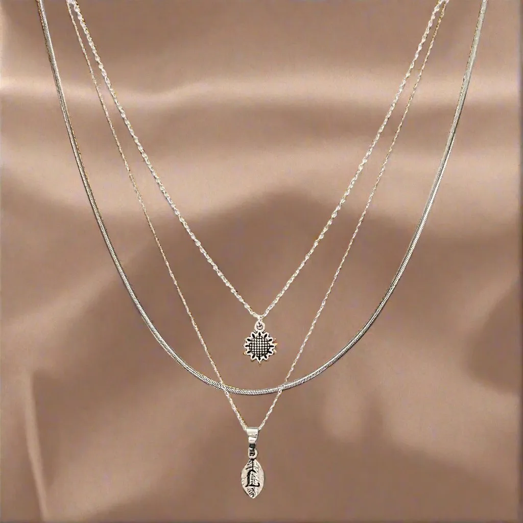 Silver Sunflower Initial Leaf Layered Necklace Set
