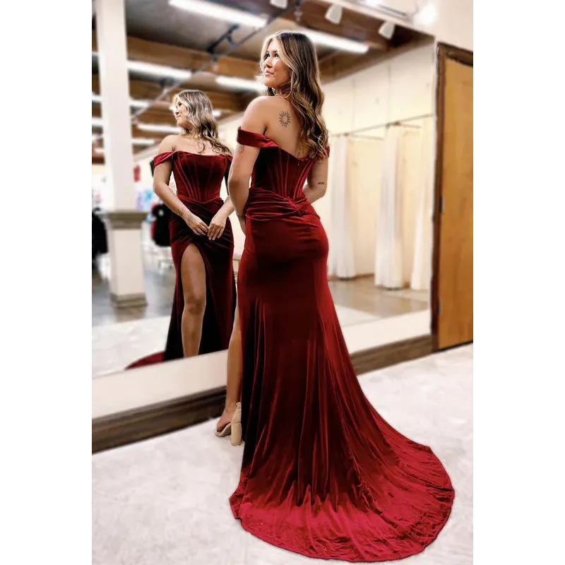 Simple & CasualOff-Shoulder Sleeveless Side Slit Formal Prom Dress