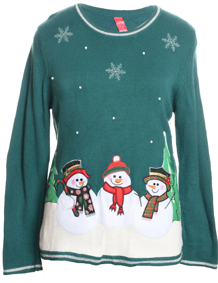 Snowman Green Knit Christmas Jumper - L