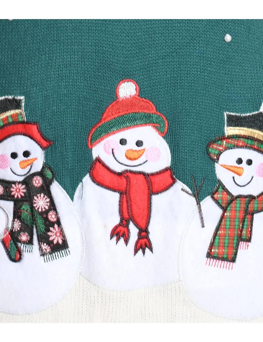 Snowman Green Knit Christmas Jumper - L