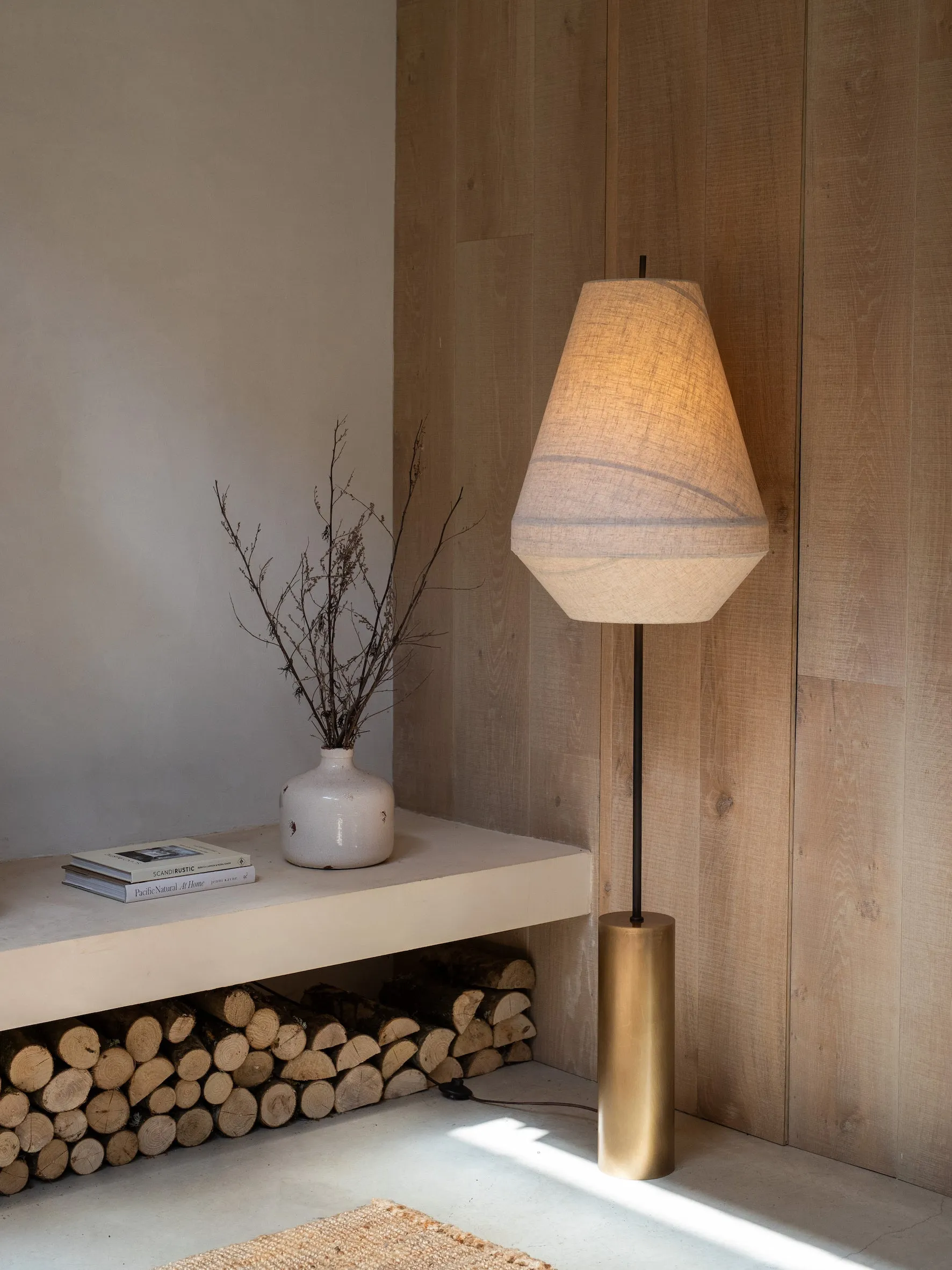 Solara - aged brass and layered natural linen floor lamp