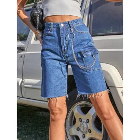 Solid Color Frayed Five-Point Pant With Pocket Casual Straight-Leg Wholesale Denim Shorts