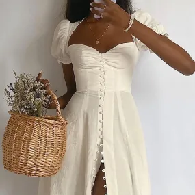 Solid Color Princess Sleeve High Slit Dress