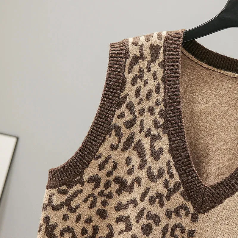 Spliced Color Leopard Sweater Vest