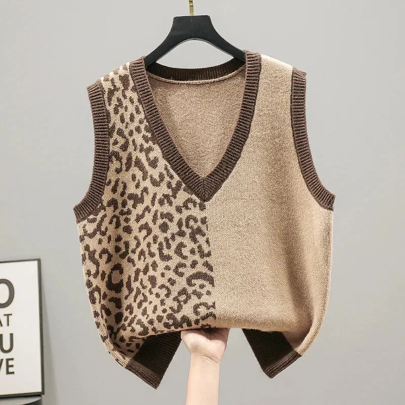 Spliced Color Leopard Sweater Vest