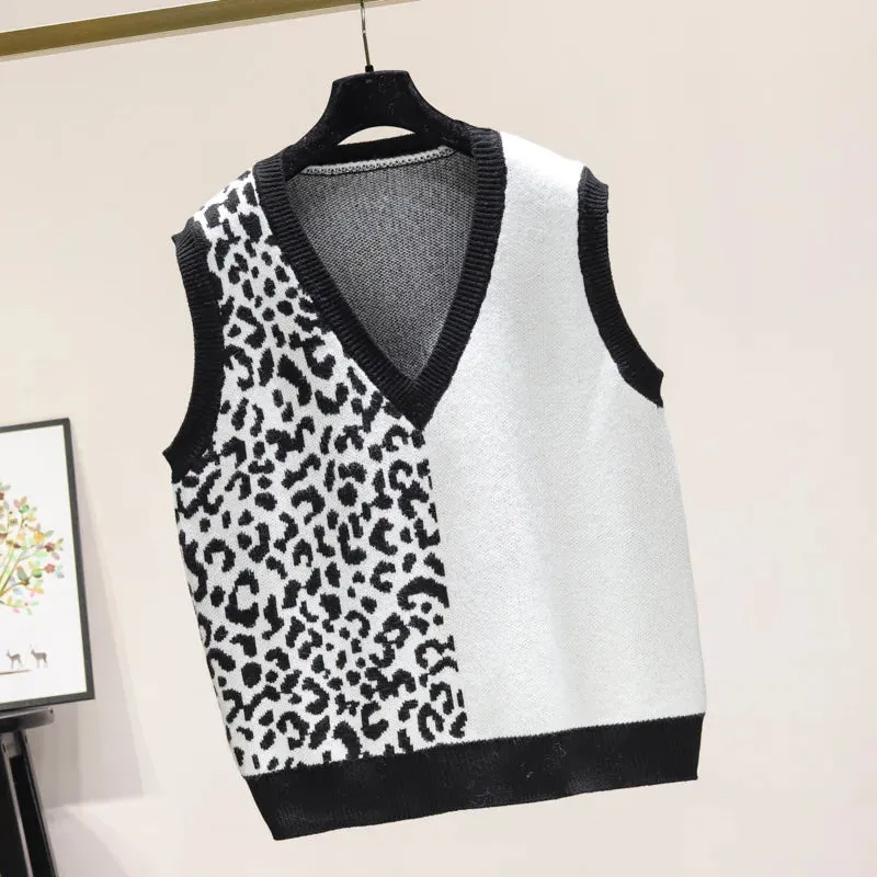 Spliced Color Leopard Sweater Vest