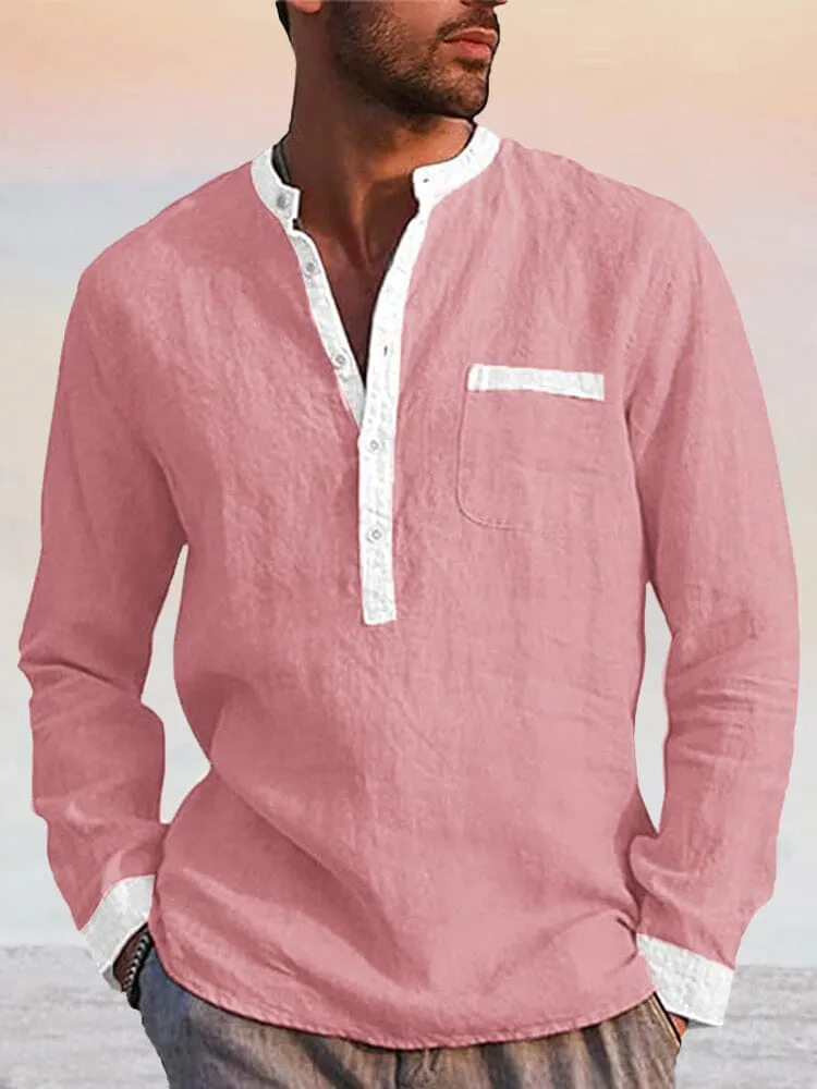 Splicing Cotton Linen Henley Shirt