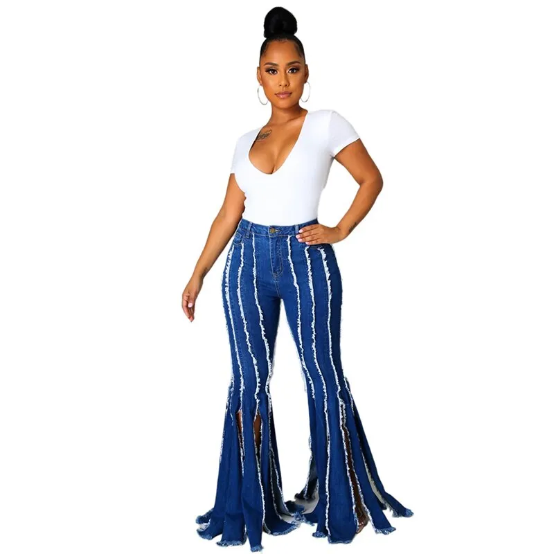 Split Tassel Jeans Flared Pants Women Blue Streetwear Denim Trousers Lady Solid Color Denim Jeans Fashion Denim Boot Cut Pants