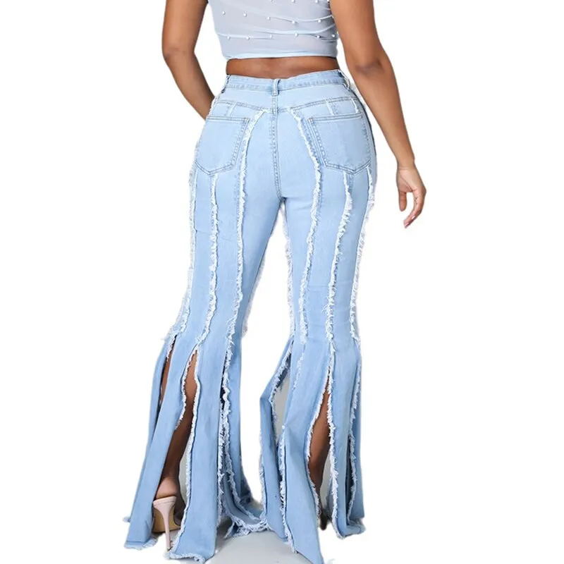 Split Tassel Jeans Flared Pants Women Blue Streetwear Denim Trousers Lady Solid Color Denim Jeans Fashion Denim Boot Cut Pants